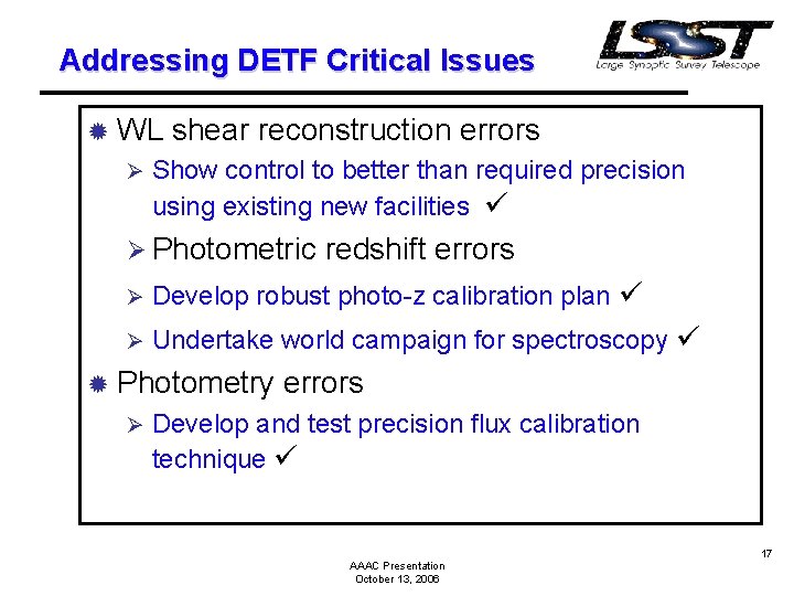 Addressing DETF Critical Issues ® WL Ø shear reconstruction errors Show control to better