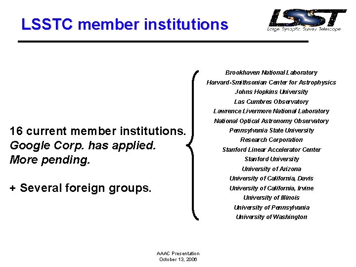 LSSTC member institutions Brookhaven National Laboratory Harvard-Smithsonian Center for Astrophysics Johns Hopkins University Las