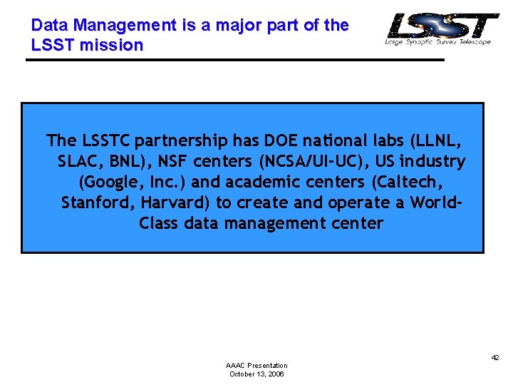 Data Management is a major part of the LSST mission The LSSTC partnership has