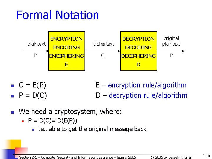 Formal Notation plaintext P ENCRYPTION ENCODING ENCIPHERING DECRYPTION ciphertext C DECODING DECIPHERING E n
