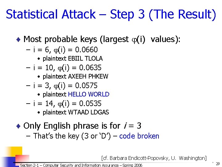 Statistical Attack – Step 3 (The Result) ¨ Most probable keys (largest (i) values):