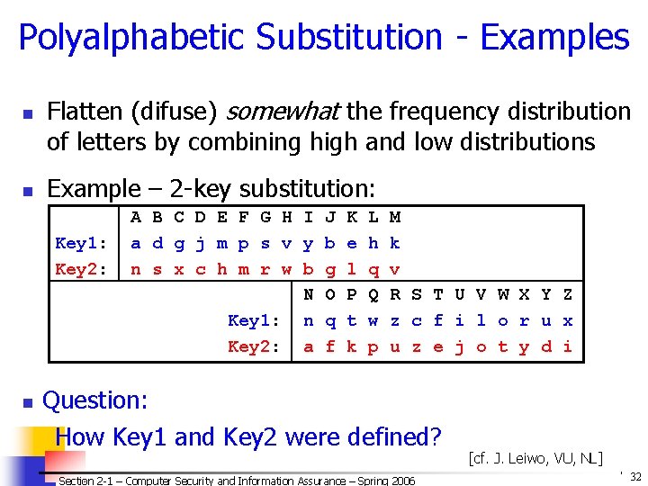 Polyalphabetic Substitution - Examples n n Flatten (difuse) somewhat the frequency distribution of letters