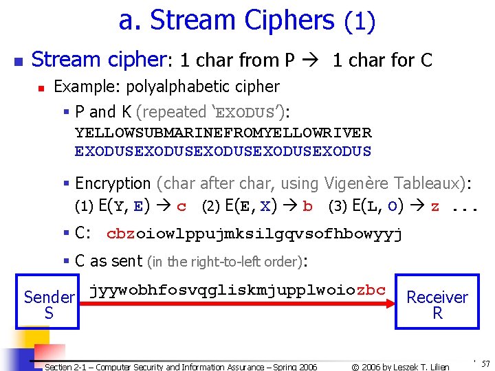 a. Stream Ciphers (1) n Stream cipher: 1 char from P 1 char for