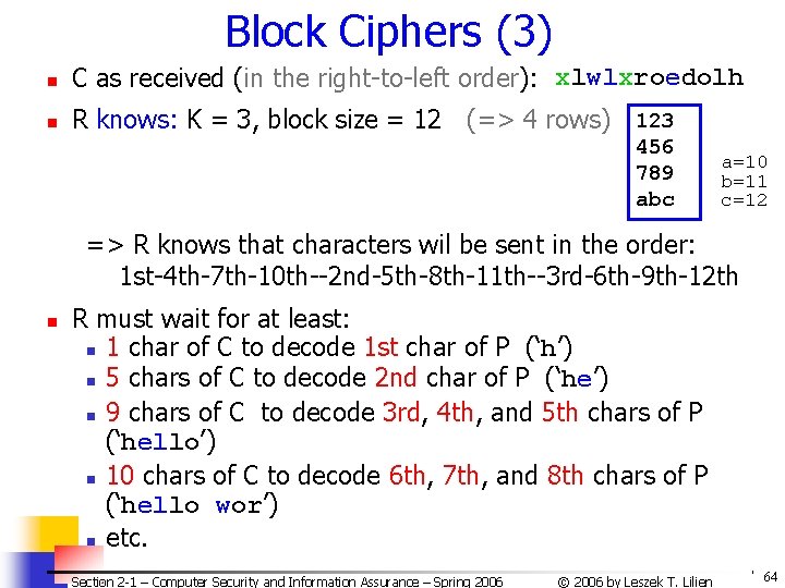 Block Ciphers (3) n C as received (in the right-to-left order): xlwlxroedolh n R