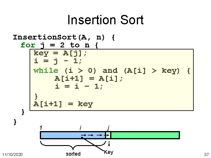 Insertion Sort Insertion. Sort(A, n) { for j = 2 to n { key