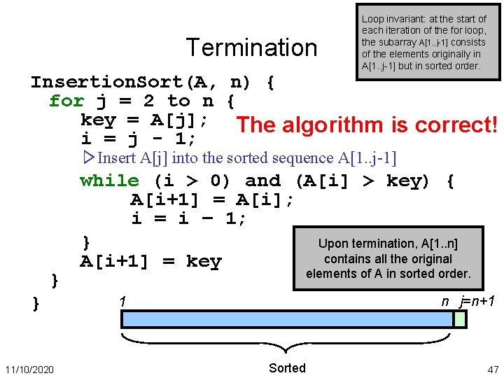 Termination Loop invariant: at the start of each iteration of the for loop, the