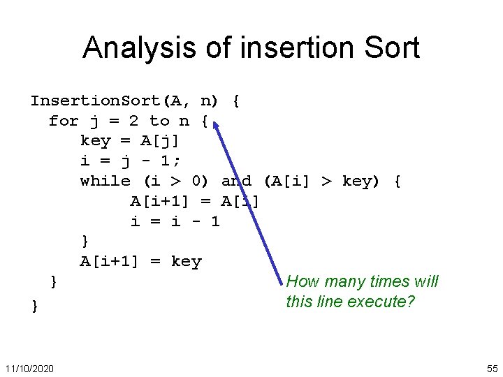 Analysis of insertion Sort Insertion. Sort(A, n) { for j = 2 to n