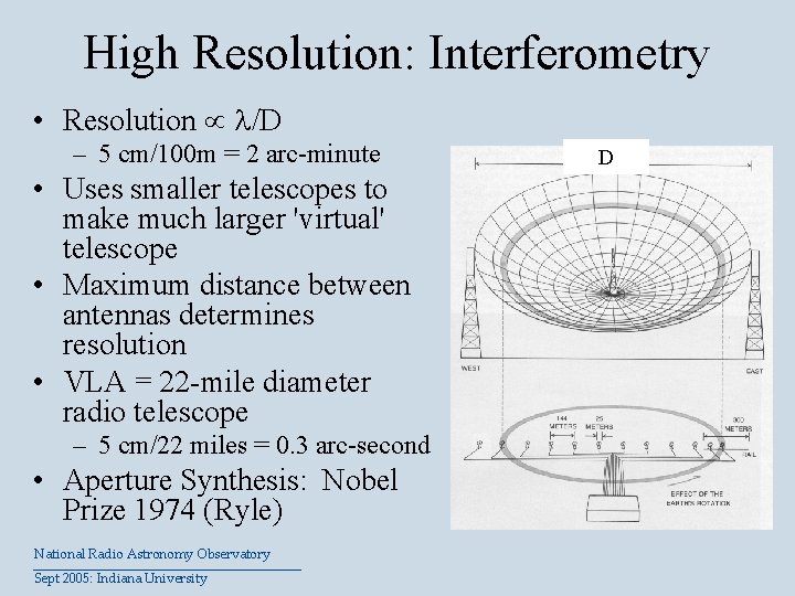 High Resolution: Interferometry • Resolution /D – 5 cm/100 m = 2 arc-minute •