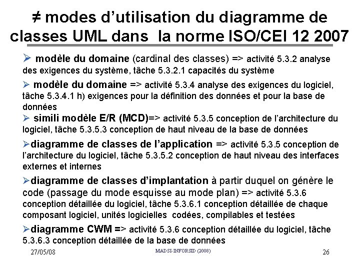 ≠ modes d’utilisation du diagramme de classes UML dans la norme ISO/CEI 12 2007