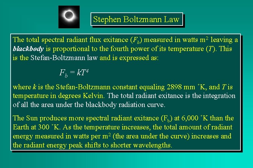Stephen Boltzmann Law The total spectral radiant flux exitance (Fb) measured in watts m