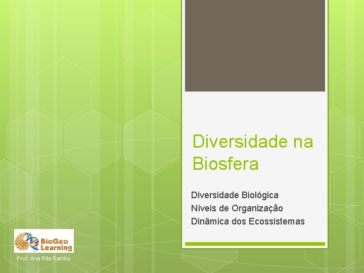 Diversidade na Biosfera Diversidade Biológica Níveis de Organização Dinâmica dos Ecossistemas Prof. Ana Rita