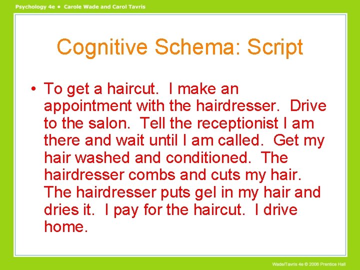 Cognitive Schema: Script • To get a haircut. I make an appointment with the