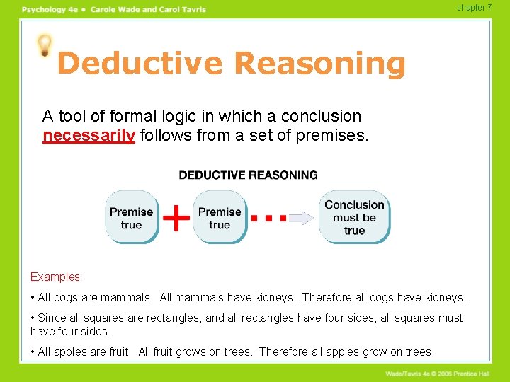 chapter 7 Deductive Reasoning A tool of formal logic in which a conclusion necessarily