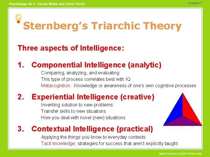 chapter 7 Sternberg’s Triarchic Theory Three aspects of Intelligence: 1. Componential Intelligence (analytic) Comparing,