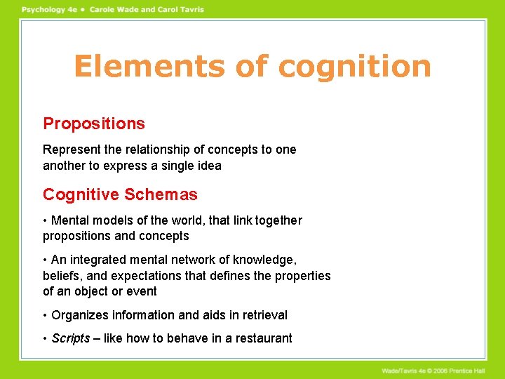 Elements of cognition Propositions Represent the relationship of concepts to one another to express