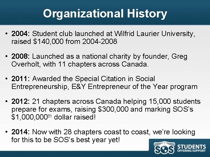 Organizational History • 2004: Student club launched at Wilfrid Laurier University, raised $140, 000