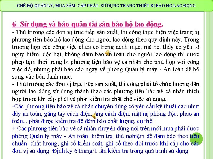 CHẾ QUẢN LÝ, MUA SẮM, CẤP PHÁT, DỤNG TRANG THIẾT BẢO HỘ LAO ĐỘNG