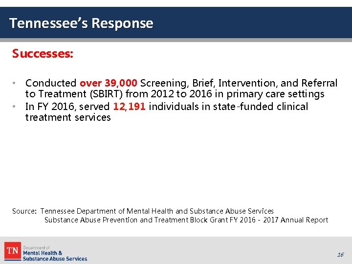 Tennessee’s Response Successes: • Conducted over 39, 000 Screening, Brief, Intervention, and Referral to