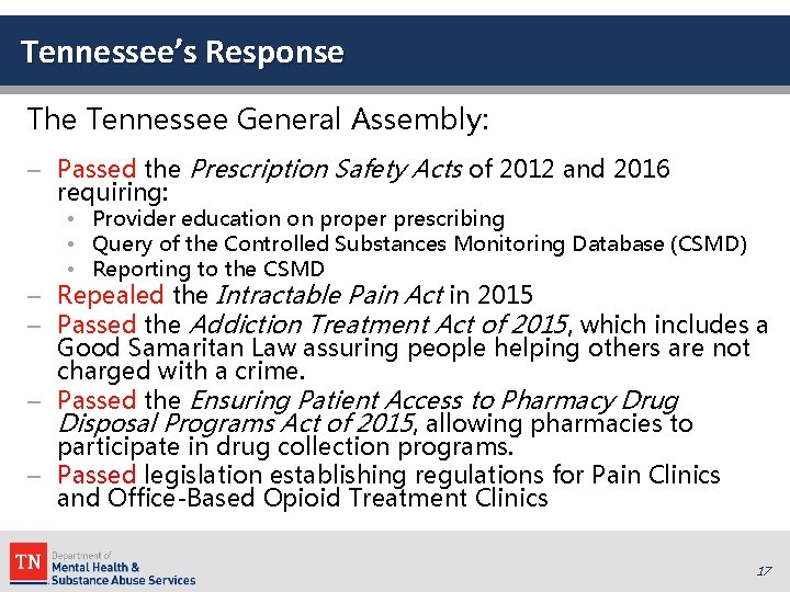 Tennessee’s Response The Tennessee General Assembly: – Passed the Prescription Safety Acts of 2012 Tennessee’s Response The Tennessee General Assembly: – Passed the Prescription Safety Acts of 2012