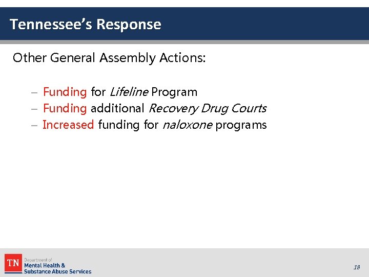 Tennessee’s Response Other General Assembly Actions: – Funding for Lifeline Program – Funding additional