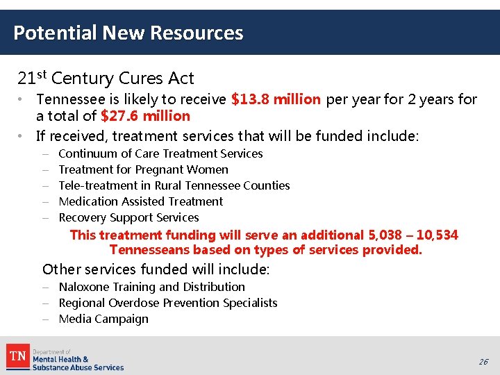 Potential New Resources 21 st Century Cures Act • Tennessee is likely to receive