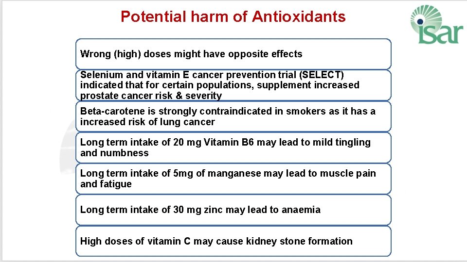 Potential harm of Antioxidants Wrong (high) doses might have opposite effects Selenium and vitamin