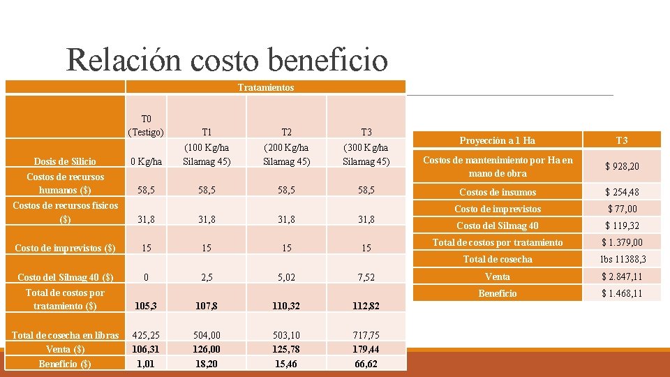 Relación costo beneficio Tratamientos T 0 (Testigo) T 1 T 2 T 3 Dosis