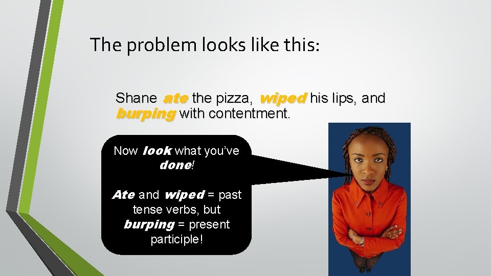 The problem looks like this: Shane ate the pizza, wiped his lips, and burping The problem looks like this: Shane ate the pizza, wiped his lips, and burping