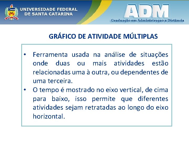 GRÁFICO DE ATIVIDADE MÚLTIPLAS • Ferramenta usada na análise de situações onde duas ou