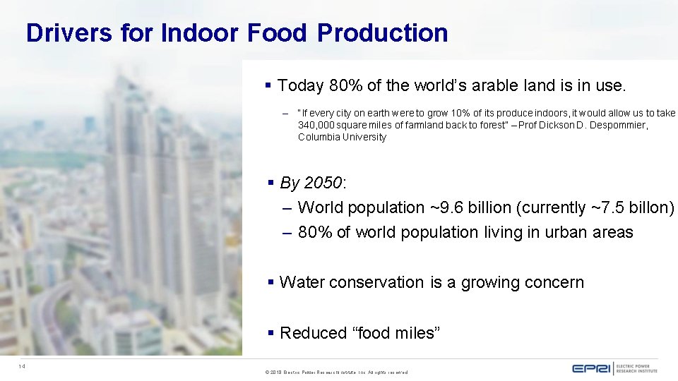 Drivers for Indoor Food Production Today 80% of the world’s arable land is in