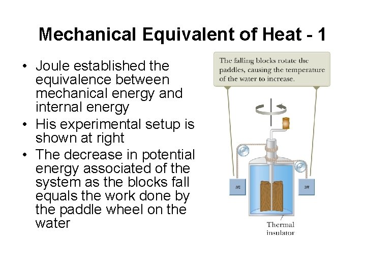 Mechanical Equivalent of Heat - 1 • Joule established the equivalence between mechanical energy