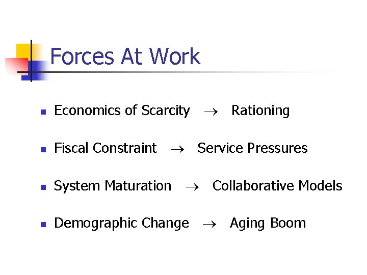 Forces At Work n Economics of Scarcity Rationing n Fiscal Constraint Service Pressures n