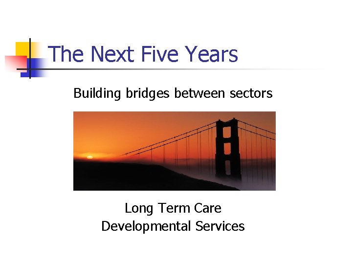 The Next Five Years Building bridges between sectors Long Term Care Developmental Services 