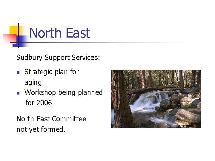 North East Sudbury Support Services: n n Strategic plan for aging Workshop being planned