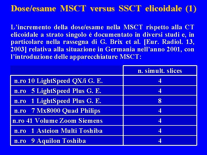 Dose/esame MSCT versus SSCT elicoidale (1) L’incremento della dose/esame nella MSCT rispetto alla CT