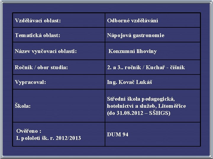 Vzdělávací oblast: Odborné vzdělávání Tematická oblast: Nápojová gastronomie Název vyučovací oblasti: Konzumní lihoviny Ročník