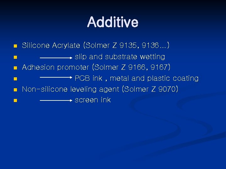 Additive n n n Silicone Acrylate (Solmer Z 9135, 9136…) slip and substrate wetting