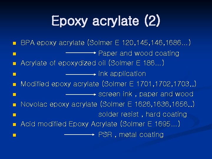 Epoxy acrylate (2) n n n n n BPA epoxy acrylate (Solmer E 120,