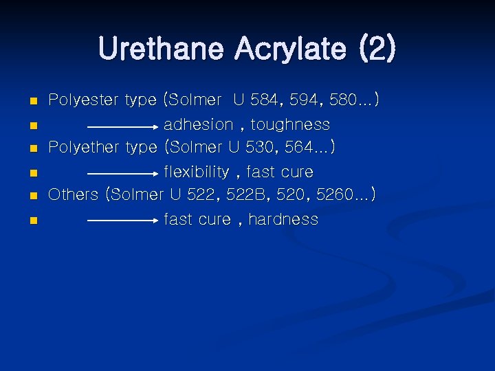 Urethane Acrylate (2) n n n Polyester type (Solmer U 584, 594, 580…) adhesion