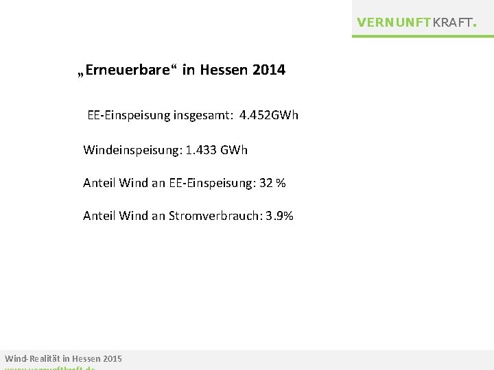 VERNUNFTKRAFT. „Erneuerbare“ in Hessen 2014 EE-Einspeisung insgesamt: 4. 452 GWh Windeinspeisung: 1. 433 GWh