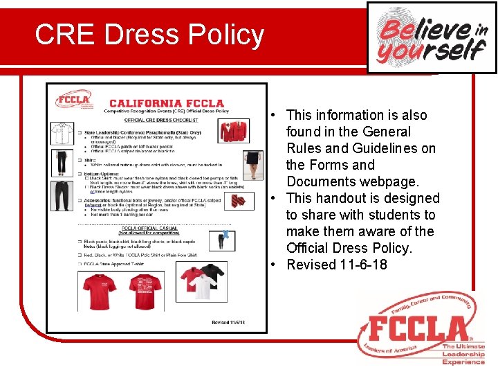  CRE Dress Policy • This information is also found in the General Rules