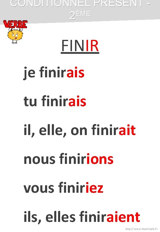 CONDITIONNEL PRÉSENT 2ÈME FINIR je finirais tu finirais il, elle, on finirait nous finirions CONDITIONNEL PRÉSENT 2ÈME FINIR je finirais tu finirais il, elle, on finirait nous finirions