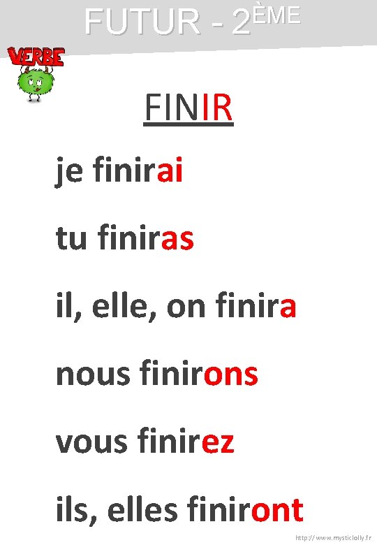 FUTUR - 2ÈME FINIR je finirai tu finiras il, elle, on finira nous finirons FUTUR - 2ÈME FINIR je finirai tu finiras il, elle, on finira nous finirons