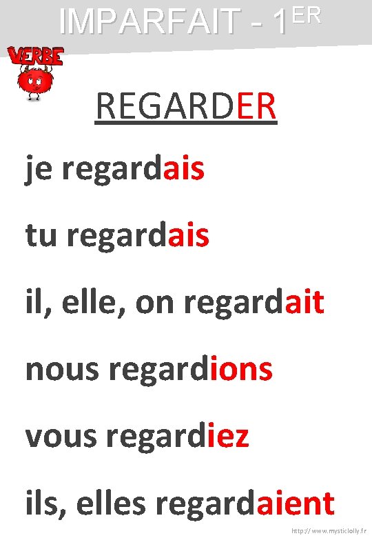 IMPARFAIT - 1 ER REGARDER je regardais tu regardais il, elle, on regardait nous IMPARFAIT - 1 ER REGARDER je regardais tu regardais il, elle, on regardait nous