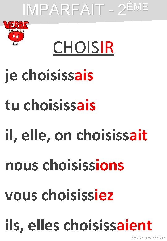 IMPARFAIT - 2ÈME CHOISIR je choisissais tu choisissais il, elle, on choisissait nous choisissions IMPARFAIT - 2ÈME CHOISIR je choisissais tu choisissais il, elle, on choisissait nous choisissions