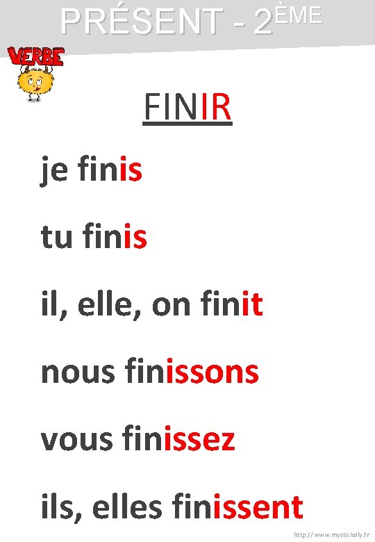 PRÉSENT - 2ÈME FINIR je finis tu finis il, elle, on finit nous finissons PRÉSENT - 2ÈME FINIR je finis tu finis il, elle, on finit nous finissons