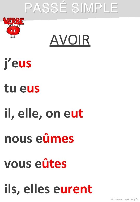 PASSÉ SIMPLE AVOIR j’eus tu eus il, elle, on eut nous eûmes vous eûtes PASSÉ SIMPLE AVOIR j’eus tu eus il, elle, on eut nous eûmes vous eûtes