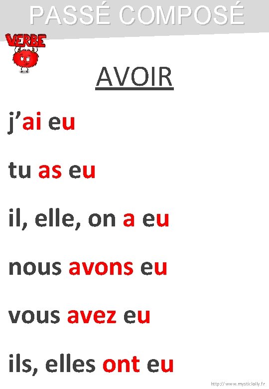 PASSÉ COMPOSÉ AVOIR j’ai eu tu as eu il, elle, on a eu nous PASSÉ COMPOSÉ AVOIR j’ai eu tu as eu il, elle, on a eu nous