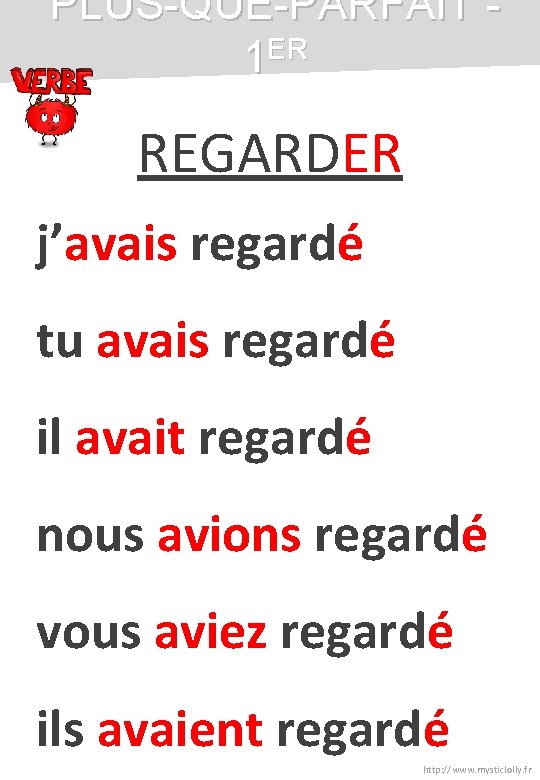 PLUS-QUE-PARFAIT ER 1 REGARDER j’avais regardé tu avais regardé il avait regardé nous avions PLUS-QUE-PARFAIT ER 1 REGARDER j’avais regardé tu avais regardé il avait regardé nous avions