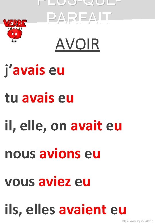PLUS-QUEPARFAIT AVOIR j’avais eu tu avais eu il, elle, on avait eu nous avions PLUS-QUEPARFAIT AVOIR j’avais eu tu avais eu il, elle, on avait eu nous avions